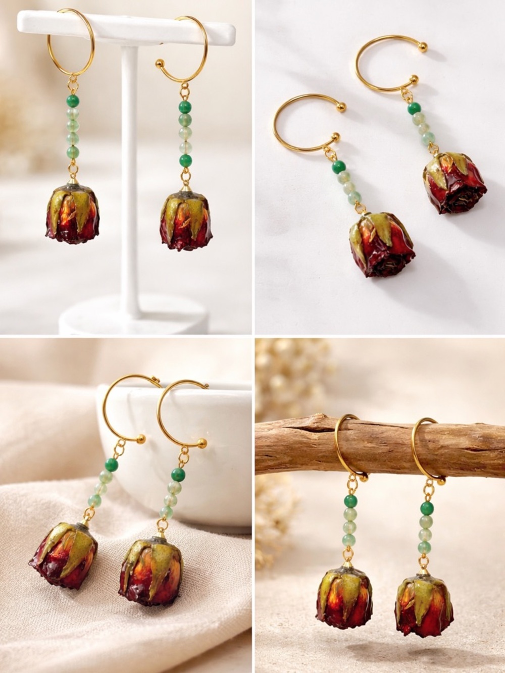 Earrings with Green Beads and Dried Rosebud Accent - Picture 3 of 4
